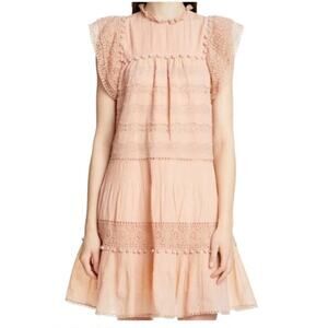 Ulla Johnson Nora Dress Size 6 Crochet Pom Poms Flutter Sleeve Light PInk /Peach